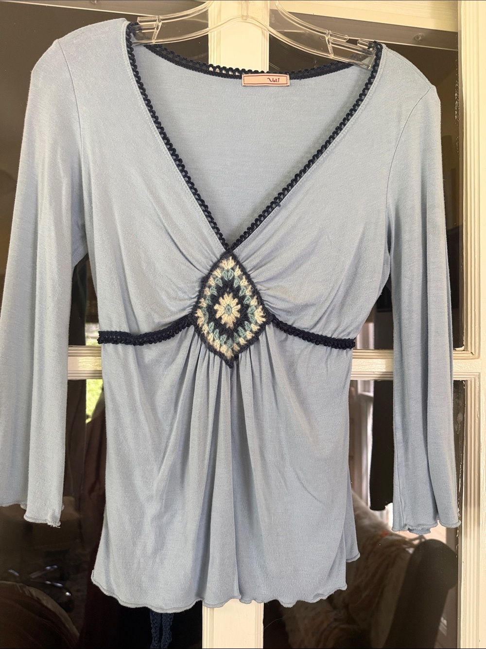Light Blue V-Neck Crochet-Accent Tunic Top